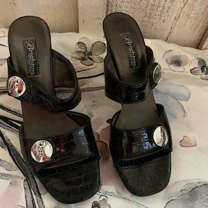Brighton Black Croc Embossed Sandals w/4" heel Silver accents womens size 9